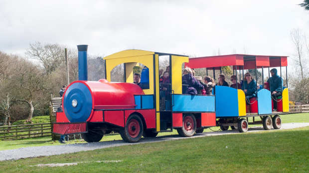 Passengers on train at Springfields Fun Park and Pony Centre in Newquay