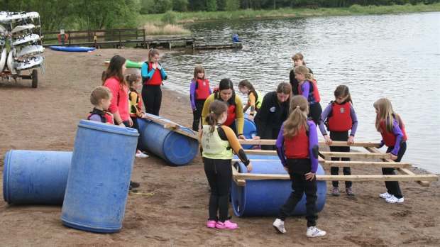 People building a raft at Monikie Country Park in Kirkton of Monikie