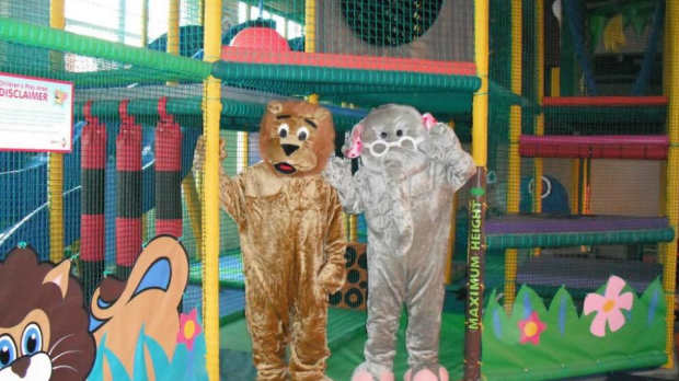 Mascots on soft play frame at Jungle Mayhem in Radcliffe