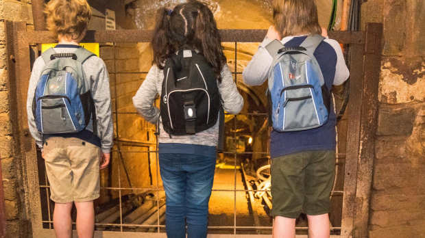 Kids looking down mine at Clearwell Caves Ancient Iron Mines in Coleford