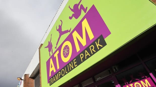 Entrance sign of Atom Trampoline Park in Reading