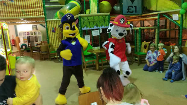 Paw Patrol mascots at Jungle Madness Soft Play in Swadlincote