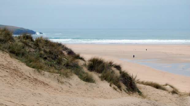 Hill top view of Crantock Beach in Newquay