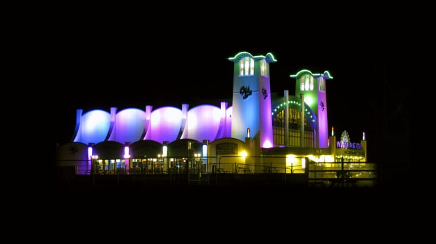 Outside view of Wellington Bowl at night on Wellington Pier