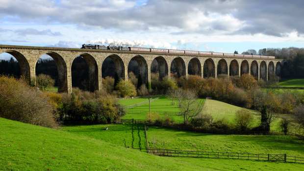 Steam train traveling countryside at Ty Mawr Country Park in Wrexham
