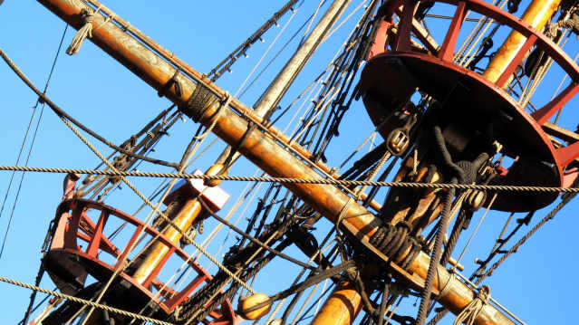 Masts, ropes, and crow's nests of The Golden Hinde in London