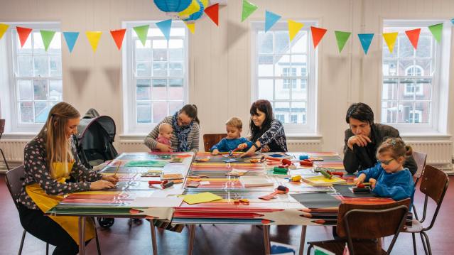 Families making crafts at Broadway Studio & Gallery in Letchworth