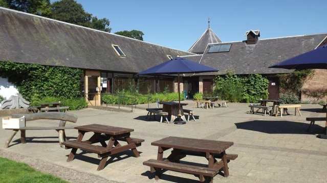Picnic table at Harestanes Countryside Visitor Centre in Jedburgh