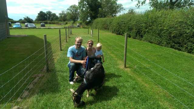 Family with goat at Hall Farm Park in Kelsey