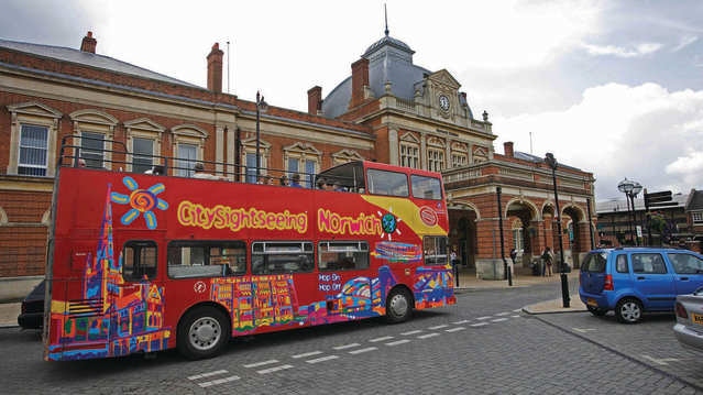 City Sightseeing Norwich bus at grand railway station in Norwich