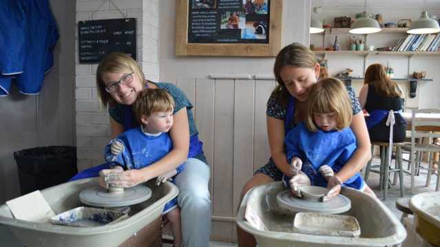 Mums and girls doing pottery at Honeybourne Pottery in Evesham