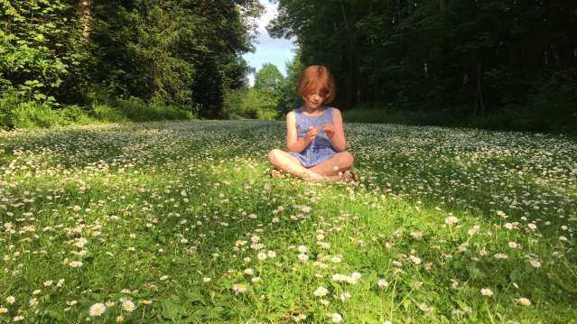 Girl in daisy field at Evenley Wood Garden in Brackley