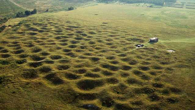 Aerial view of ancient flint mines at Grimes Graves in Thetford