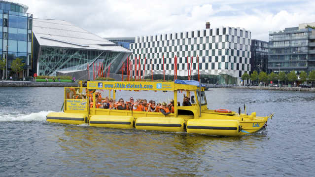 The Viking Splash Tours boat travelling on the sea in Dublin