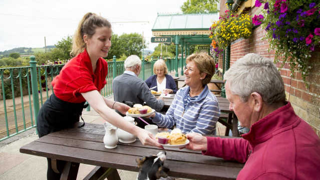 Visitors eating at Seaton Tramway