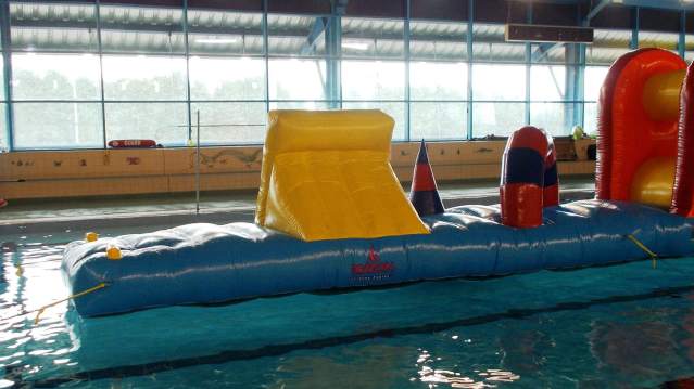 Inflatables on swimming pool at Dragon Leisure Centre in Bodmin