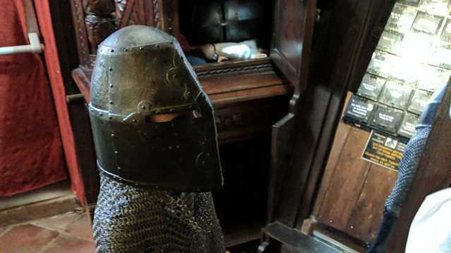 Boy dressed in armour at Tudor World in Stratford-upon-Avon