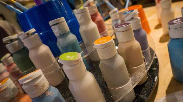 Paint bottles at The Little Pottery Studio in Bracebridge Heath