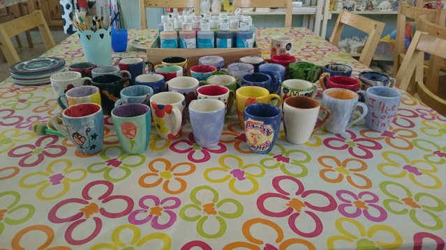 Painted cups at Paint a Pot Place in Bourne