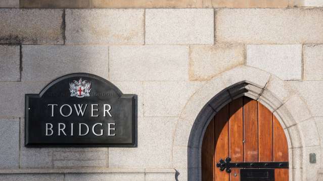 Tower Bridge sign at Tower Bridge Exhibition in London Bridge