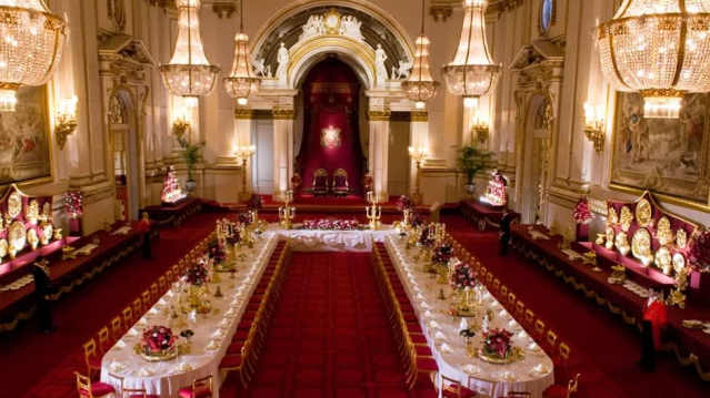The State Banquet table set in the Ballroom at Buckingham Palace.