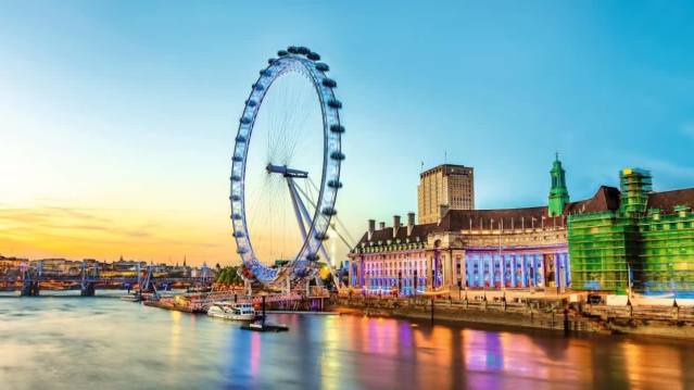 Panoramic view of the London Eye observation wheel from the River Thames