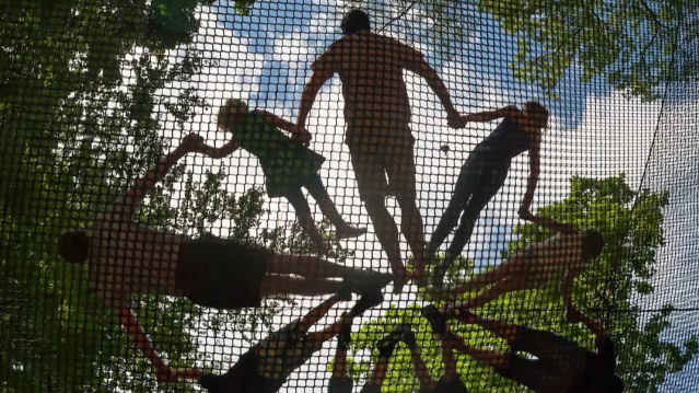 Family holding hands on giant suspended nets in the forest at Zip World adventure park.