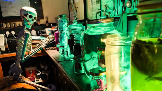 skeleton in green potion room
